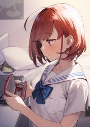 Rule 34 | 1girl, 92m, absurdres, aged down, ahoge, blush, closed mouth, commentary request, glasses, highres, holding, kinshi no ane (92m), original, pink eyes, red-framed eyewear, red hair, sailor collar, school uniform, short hair, short sleeves, smile, solo, upper body, white sailor collar