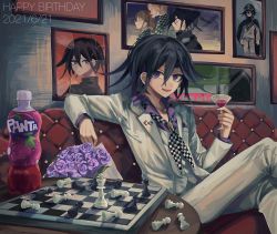 Rule 34 | 1boy, :d, black cape, black hair, black headwear, cape, checkered clothes, checkered floor, checkered neckwear, cocktail glass, collared shirt, commentary request, couch, cup, danganronpa (series), danganronpa 10th anniversary costume, danganronpa v3: killing harmony, dice members (danganronpa), drinking glass, fanta, flipped hair, flower, grey jacket, grey pants, hair between eyes, highres, holding, indoors, jacket, kozomezuki, long sleeves, looking at viewer, male focus, official alternate costume, open mouth, oma kokichi, pants, purple eyes, purple hair, purple shirt, shirt, sitting, smile, solo, teeth, upper teeth only
