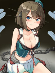 Rule 34 | 10s, 1girl, arms behind back, bare shoulders, beret, blush, breasts, brown hair, chain, chair, choker, cleavage, collarbone, crop top, engiyoshi, gradient skirt, hair ornament, hairclip, hat, headgear, highres, kantai collection, large breasts, looking at viewer, maya (kancolle), midriff, mini hat, navel, neckerchief, pleated skirt, pov, remodel (kantai collection), restrained, sailor collar, short hair, sitting, skirt, sweat