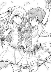Rule 34 | 2girls, :d, arm up, assassins pride, breasts, bridal gauntlets, double bun, feathered wings, floating hair, flower, frilled skirt, frills, greyscale, hair between eyes, hair bun, hair ribbon, hand grab, highres, holding hands, interlocked fingers, long hair, looking at viewer, merida angel, miniskirt, monochrome, multiple girls, ninomoto, novel illustration, official art, open mouth, pleated skirt, ribbon, rose, sarasha sikzar, skirt, small breasts, smile, standing, thighhighs, wings, zettai ryouiki