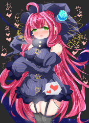 Rule 34 | 1girl, aaaa4423, absurdres, ahoge, arm behind back, atolitotte, black background, black thighhighs, blush, breasts, breath, buttons, controller, detached sleeves, dress, drooling, earrings, female focus, female orgasm, frilled dress, frilled sleeves, frills, garter straps, green eyes, half-closed eyes, hand up, hat, heart, heart-shaped pupils, highres, japanese text, jewelry, large breasts, long hair, looking at viewer, merc storia, mole, mole under eye, nose blush, open mouth, orgasm, pink hair, pinstripe dress, pinstripe pattern, purple dress, purple hat, purple sleeves, pussy juice, remote control, remote control vibrator, saliva, sex toy, short dress, sidelocks, simple background, skindentation, sleeveless, sleeveless dress, sleeves past fingers, sleeves past wrists, solo, speech bubble, spoken heart, standing, star (symbol), striped, symbol-shaped pupils, tears, thighhighs, translated, trembling, very long hair, vibrator, vibrator cord, vibrator in thighhighs, vibrator under clothes, witch hat, zettai ryouiki