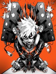 Rule 34 | 1boy, ammunition belt, text background, baggy pants, bakugou katsuki, belt, between legs, black mask, black pants, boku no hero academia, cable, chromatic aberration, eye mask, firing, foreground text, from above, full body, gloves, gun, halftone, hand between legs, hands on ground, hatching (texture), headgear, high collar, highres, knee pads, kneeling, leaning forward, looking at viewer, machine gun, male focus, muzzle flash, neck brace, official alternate costume, open mouth, orange background, pants, partially colored, red eyes, shadow, shiny clothes, short hair, sitting, skin tight, solo, spiked hair, spoilers, sweat, teeth, textless version, toned, toned male, usano (usn 658), wariza, weapon, wrist guards
