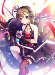 Rule 34 | 1girl, absurdres, asymmetrical legwear, black gloves, black skirt, breasts, brown hair, checkered clothes, checkered legwear, cleavage, closed mouth, collarbone, crown, fingerless gloves, frilled skirt, frills, gloves, green eyes, hair between eyes, headphones, highres, idolmaster, idolmaster cinderella girls, looking at viewer, microphone stand, mini crown, miniskirt, petals, red thighhighs, rocomani, short hair, sitting, skirt, sleeveless, small breasts, smile, solo, tada riina, thighhighs, uneven legwear, white thighhighs