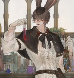 Rule 34 | 1boy, absurdres, alchemist (final fantasy), animal ears, belt, black bow, black bowtie, black capelet, black hat, bow, bowtie, brown belt, brown hair, capelet, final fantasy, final fantasy xiv, glasses, gloves, hand up, hands up, hat, highres, holding vial, long sleeves, male focus, mini hat, open mouth, plant, potted plant, rabbit ears, short hair, solo, tladpwl03, upper body, vial, viera, warrior of light (ff14), white gloves