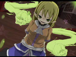 Rule 34 | 1girl, bags under eyes, blonde hair, emanon (ice), evil smile, ghost, green eyes, mizuhashi parsee, pointy ears, scarf, smile, solo, touhou