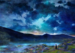 Rule 34 | animal, bad id, bad pixiv id, black cat, cat, cloud, cloudy sky, commentary request, grass, hill, landscape, meteor shower, nature, night, night sky, no humans, original, outdoors, pond, scenery, signature, sky, star (sky), starry sky, tosaka rere, tree, water
