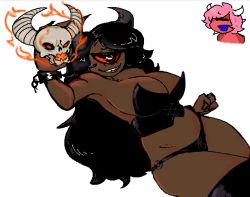 Rule 34 | 2girls, bad id, bad pixiv id, black eyes, black hair, blush, breasts, cacodemon, cleavage, closed eyes, colored sclera, colored skin, commentary, corset, cyclops, dark-skinned female, dark skin, doom (series), english commentary, eyelashes, fire, flaming skull, holding, holding skull, horns, large breasts, long hair, looking at viewer, lost soul (doom), multiple girls, one-eyed, open mouth, ouchface, pain elemental, personification, pink hair, red eyes, red sclera, red skin, short hair, simple background, skull, smile, solo focus, thighhighs, white background