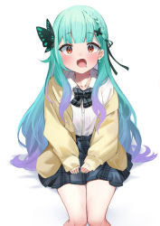 Rule 34 | 1girl, :o, blue eyes, bow, bowtie, braid, butterfly hair ornament, collared shirt, fuyouchu, gradient hair, green hair, hair bow, hair ornament, hololive, jacket, long hair, long sleeves, multicolored hair, open clothes, open jacket, open mouth, plaid, plaid bow, plaid bowtie, plaid skirt, purple hair, red eyes, shirt, simple background, sitting, skirt, solo, uruha rushia, uruha rushia (school uniform), very long hair, virtual youtuber, white background