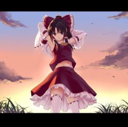 Rule 34 | 1girl, armpits, arms behind head, arms up, ascot, bad id, bad twitter id, black hair, bow, cloud, cowboy shot, detached sleeves, grass, hair bow, hair tubes, hakurei reimu, letterboxed, long sleeves, looking at viewer, midriff, navel, red eyes, ribbon-trimmed sleeves, ribbon trim, shirt, skirt, skirt set, sky, smile, solo, sunset, takemori shintarou, thighhighs, touhou, upskirt, white thighhighs, wide sleeves