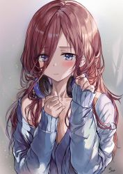 Rule 34 | 1girl, blue eyes, blue shirt, breasts, cleavage, collarbone, eyes visible through hair, go-toubun no hanayome, gradient background, grey background, hair over one eye, hands up, headphones, headphones around neck, highres, long hair, long sleeves, looking away, looking down, medium breasts, nakano miku, off shoulder, red hair, saya (mychristian2), shirt, signature, single bare shoulder, sleeves past wrists, solo, upper body