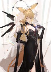 Rule 34 | 1girl, absurdres, andersonalac, animal ears, arknights, black dress, blonde hair, breasts, character name, dorothy (arknights), dorothy (hand of destiny) (arknights), dress, highres, jewelry, long hair, looking at viewer, medium breasts, mouse ears, mouse girl, mouse tail, necklace, official alternate costume, pearl necklace, shrug (clothing), solo, standing, tail, white veil, yellow eyes