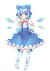 Rule 34 | 1girl, adapted costume, alternate costume, bad id, bad twitter id, blue eyes, blue hair, blue socks, blush, bow, cirno, coa (chroo x), fairy, frills, full body, gloves, hair bow, hair ornament, ice, ice wings, kneehighs, looking at viewer, matching hair/eyes, puffy sleeves, ribbon, shirt, short hair, short sleeves, simple background, skirt, smile, socks, solo, teeth, touhou, white background, white gloves, wings