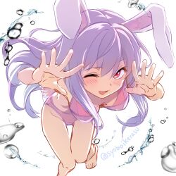 Rule 34 | 1girl, ;d, animal ears, arms up, bare legs, barefoot, bikini, blush, breasts, commentary request, foot out of frame, foreshortening, knees together feet apart, looking at viewer, medium breasts, one-piece swimsuit, one eye closed, open mouth, purple eyes, purple hair, rabbit ears, reisen udongein inaba, shiroi karasu, simple background, smile, solo, splashing, swimsuit, touhou, upturned eyes, water, white background