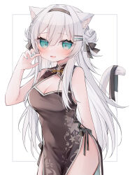 Rule 34 | 1girl, animal ear fluff, animal ears, aqua eyes, bare arms, bare shoulders, black dress, black hairband, blush, breasts, cat ears, cat girl, cat tail, china dress, chinese clothes, cleavage, cleavage cutout, clothing cutout, commentary request, covered navel, double bun, dress, grey hair, hair between eyes, hair bun, hair ornament, hairband, hairclip, highres, medium breasts, original, ringouulu, simple background, sleeveless, sleeveless dress, solo, tail, tail raised, twitter username, watermark, white background