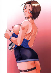 Rule 34 | 1girl, artist request, breasts, brown hair, gun, jill valentine, large breasts, nipples, resident evil, resident evil 3: nemesis, solo, weapon