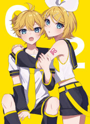 Rule 34 | 1boy, 1girl, antenna hair, arm between legs, belt, black leg warmers, black sailor collar, black shorts, black sleeves, blonde hair, blue eyes, blush, bow, brother and sister, detached sleeves, fang, flipped hair, frilled shirt, frills, hair between eyes, hair bow, hair ornament, hairband, hand on another&#039;s arm, hands on another&#039;s shoulders, highres, invisible chair, kagamine len, kagamine rin, leg warmers, looking at viewer, nail polish, neckerchief, necktie, open mouth, ponytail, rabu (pixiv 38571565), sailor collar, shirt, short hair, short shorts, short sleeves, shorts, siblings, sitting, sleeveless, sleeveless shirt, standing, swept bangs, teeth, upper teeth only, vocaloid, white bow, white hairband, white shirt, yellow background, yellow belt, yellow nails, yellow neckerchief, yellow necktie, yellow trim