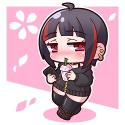 Rule 34 | 1girl, absurdres, ahoge, black choker, black footwear, black hair, black jacket, black thighhighs, blush, boots, cellphone, chibi, choker, closed mouth, colored shadow, commentary request, cup, disposable cup, drinking straw, ear piercing, full body, highres, holding, holding cup, holding phone, hood, hood down, hooded jacket, jacket, long sleeves, looking at viewer, multicolored hair, nail polish, nose blush, original, phone, piercing, pink background, puffy long sleeves, puffy sleeves, purple eyes, red hair, red nails, saishosaisekojo, shadow, solo, streaked hair, thighhighs, thighhighs under boots, two-tone background, white background