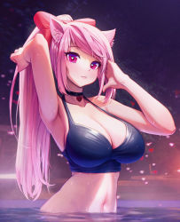Rule 34 | 1girl, :3, animal ears, armpits, arms up, bare arms, bare shoulders, bathing, bikini, black bikini, black choker, bow, breasts, choker, cleavage, clickdraws, closed mouth, commission, hair bow, halterneck, heart, heart-shaped pupils, highres, large breasts, long hair, looking at viewer, maverickmpm, md5 mismatch, navel, pink hair, ponytail, red eyes, resolution mismatch, smile, solo, source larger, stomach, swimsuit, symbol-shaped pupils, vrchat, water, wet