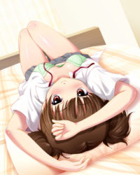 Rule 34 | 1girl, arms up, bad id, bad pixiv id, blush, body blush, bra, brown eyes, brown hair, green bra, k-on!, lingerie, looking at viewer, lying, necktie, on back, open clothes, open shirt, pillow, shian (my lonly life.), shirt, skirt, smile, solo, suzuki jun, thighs, twintails, underwear, undone necktie, upside-down