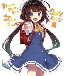 Rule 34 | 1girl, 2017, :d, ahoge, backpack, bag, black jacket, blue dress, blue eyes, blush, board game, bow, bowtie, brown hair, closed mouth, cowboy shot, dated, dress, from side, gradient hair, hair flaps, hair ribbon, hand up, happy birthday, hat, highres, hinatsuru ai, holding, jacket, layered sleeves, long hair, long sleeves, looking at viewer, looking to the side, multicolored hair, one side up, open clothes, open jacket, open mouth, pointing, pointing at viewer, pout, randoseru, red bow, red bowtie, red eyes, ribbon, ryuuou no oshigoto!, shirabi, shogi, shogi piece, short over long sleeves, short sleeves, simple background, smile, solo, standing, tears, tress ribbon, twintails, upper body, very long hair, white background, white hat