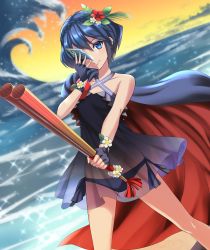 Rule 34 | 1girl, absurdres, bare shoulders, bikini, blue bikini, blue cape, blue eyes, blue gloves, blue hair, braid, breasts, cape, closed mouth, cloud, collarbone, commentary request, crown braid, fingerless gloves, fire emblem, fire emblem awakening, fire emblem heroes, flower, gloves, hair flower, hair ornament, halterneck, highres, holding, holding mask, holding weapon, kakiko210, leaf, looking at viewer, lucina (fire emblem), marth (fire emblem awakening), mask, nintendo, ocean, official alternate costume, one eye covered, orange sky, red flower, see-through, short hair, side-tie bikini bottom, sky, small breasts, smile, solo, swimsuit, symbol-shaped pupils, water, weapon