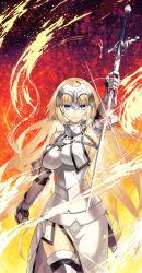 Rule 34 | 1girl, armor, armored gloves, blonde hair, blue eyes, breasts, cleavage, closed mouth, detached sleeves, dress, fate/apocrypha, fate (series), fire, holding, holding sword, holding weapon, ishida akira, jeanne d&#039;arc (fate), long hair, looking at viewer, medium breasts, sideboob, solo, sword, thighhighs, weapon, white dress