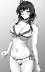 Rule 34 | 1girl, bikini, blush, breasts, cleavage, closed mouth, frilled bikini, frills, greyscale, hair between eyes, headgear, highres, kantai collection, large breasts, looking at viewer, monochrome, shingyou (alexander-13), short hair with long locks, side-tie bikini bottom, simple background, solo, swimsuit, yamashiro (kancolle)