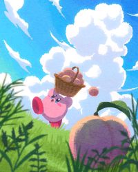 Rule 34 | basket, blush, cloud, cloudy sky, day, falling, food, fruit, grass, grasslands, highres, kirby, kirby (series), leaf, looking up, miclot, nature, nintendo, open mouth, outdoors, peach, running, sky, solo, tongue