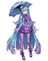 Rule 34 | 1girl, bad id, bad twitter id, blue eyes, blue hair, commentary request, creatures (company), dress, fangs, frilled dress, frills, full body, game freak, gen 7 pokemon, gloves, gradient hair, hair between eyes, hair flaps, hair ornament, hairpin, hat, highres, holding, holding umbrella, katagiri hachigou, long hair, mareanie, multicolored eyes, multicolored hair, nintendo, pantyhose, personification, pokemon, purple gloves, purple hair, purple pantyhose, ribbon, simple background, solo, turtleneck, umbrella, very long hair, white background, yellow eyes