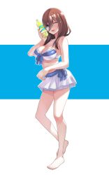 Rule 34 | 1girl, ;d, bare arms, bare legs, bare shoulders, barefoot, bikini, bikini skirt, blue bow, blue eyes, blush, bottle, bottle to cheek, bow, breasts, brown hair, cleavage, full body, go-toubun no hanayome, hair between eyes, highres, hikari no oukokumin, holding, holding bottle, long hair, medium breasts, nakano miku, one eye closed, open mouth, smile, solo, standing, swimsuit, two-tone background, two-tone bikini