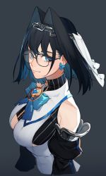 Rule 34 | 1girl, bare shoulders, black hair, blue eyes, bow, bow earrings, bowtie, breasts, chain, detached sleeves, earrings, eus ing, glasses, grey background, hair between eyes, hair intakes, heart, highres, hololive, hololive english, jewelry, looking at viewer, ouro kronii, simple background, solo, upper body, virtual youtuber, zipper, zipper pull tab