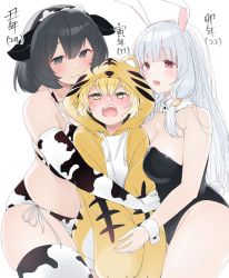 Rule 34 | 1boy, 2girls, age difference, animal costume, animal ears, animal hood, animal print, arm between breasts, between breasts, bikini, black eyes, black hair, black leotard, blonde hair, blue hair, blush, breasts, carrot hair ornament, child, chinese zodiac, closed mouth, cow ears, cow horns, cow print, d:, detached collar, elbow gloves, fake animal ears, fake horns, food-themed hair ornament, girl sandwich, gloves, hair ornament, hairband, height difference, hetero, highres, hood, horns, hug, large breasts, leotard, long hair, medium hair, multiple girls, nekoume, onee-shota, open mouth, original, playboy bunny, rabbit ears, red eyes, revealing clothes, sandwiched, sexually suggestive, side-tie bikini bottom, skindentation, smile, stats, swimsuit, thighhighs, tiger costume, tiger print, white bikini, white gloves, white legwear, wing collar, wrist cuffs, year connection, year of the ox, year of the rat, year of the tiger, yellow eyes, you gonna get raped