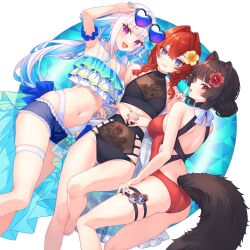 3girls :d abstract_background adjusting_eyewear ange_katrina animal_ears anklet arm_garter arm_up armlet armpits ass back back_bow ban_(inui_toko) bare_arms bare_legs bare_shoulders barefoot bikini black-framed_eyewear black_bikini black_hair black_straps blue-tinted_eyewear blue_background blue_bikini blue_bow blue_eyes blue_flower blue_hair blue_nails blue_overskirt blunt_bangs blunt_sidelocks blush bow braid breasts casual_one-piece_swimsuit circle collarbone colored_inner_hair crossed_bangs crossed_belts dog_ears dog_girl dog_tail eyelashes eyewear_on_head feet_out_of_frame finger_to_mouth flat_chest flipped_hair floral_print flower frilled_bikini frilled_robe frills gluteal_fold gold_anklet gold_armlet gold_belt gold_thighlet groin hair_bun hair_flower hair_intakes hair_ornament hair_over_shoulder hand_on_own_thigh hands_on_own_stomach heart heart-shaped_eyewear heterochromia hibiscus highres interlocked_fingers inui_toko jewelry ken_(inui_toko) knee_up knees_apart_feet_together knees_together_feet_apart kutori_pan&#039;ya lace-trimmed_shorts lace-trimmed_sleeves lace_trim layered_bikini lize_helesta long_bangs long_hair looking_at_viewer low_ponytail low_twin_braids lying matching_accessory medium_breasts medium_hair multicolor-tinted_eyewear multicolored_hair multiple_girls multiple_thigh_straps nail_polish navel nijisanji off_shoulder on_back on_side one-piece_swimsuit open_clothes open_mouth open_robe oversized_eyewear overskirt own_hands_together purple-tinted_eyewear purple_eyes reclining red_eyes red_flower red_hair red_nails red_one-piece_swimsuit robe sanbaka_(nijisanji) see-through_bikini see-through_overskirt short_shorts shorts shoulder_blades shushing sidelocks skindentation smile sunglasses swimsuit tail tail_belt tankini thigh_gap thigh_strap thighlet tinted_eyewear twin_braids two-tone_hair very_long_hair virtual_youtuber white_background white_bikini white_bow white_hair white_robe wide_sleeves yellow_eyes yellow_flower