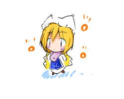 Rule 34 | 1girl, :o, animal hat, blonde hair, blush, chibi, dress, eyebrows, female focus, fox tail, hat, long sleeves, mob cap, multiple tails, parted lips, short hair, simple background, solo, tabard, tail, touhou, white background, white dress, yakumo ran