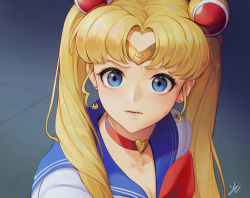 Rule 34 | 1girl, bad id, bad pixiv id, bishoujo senshi sailor moon, blonde hair, blue eyes, blue sailor collar, breasts, choker, circlet, cleavage, collarbone, crescent, crescent earrings, derivative work, double bun, earrings, heart, heart choker, highres, jewelry, long hair, looking at viewer, meme, parted lips, red choker, sailor collar, sailor moon, sailor moon redraw challenge (meme), sailor senshi, sailor senshi uniform, screenshot redraw, solo, sweatdrop, tsukino usagi, twintails, upper body, y.i. (lave2217)