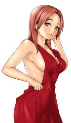 Rule 34 | 1girl, alternate costume, asashin (kazami-tomo), breasts, brown eyes, brown hair, cowboy shot, from side, hand in own hair, highres, long hair, looking at viewer, medium breasts, minna-dietlinde wilcke, raised eyebrows, side slit, sideboob, skirt hold, smile, solo, strike witches, white background, world witches series