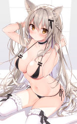 Rule 34 | 1girl, animal ears, arm behind head, arm up, bare arms, bare shoulders, bikini, black bikini, black choker, bow, braid, breasts, cat ears, cat girl, cat tail, choker, cleavage, closed mouth, collarbone, expressionless, frilled choker, frilled thighhighs, frills, grey hair, hair bow, halterneck, halterneck, hand up, highres, large breasts, long hair, looking at viewer, navel, original, ryouka (suzuya), side-tie bikini bottom, sitting, skindentation, solo, stomach, string bikini, swimsuit, tail, thighhighs, thighs, very long hair, wariza, white thighhighs, yellow eyes