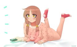 Rule 34 | 1girl, artist name, brown hair, chinese zodiac, commentary, controller, english commentary, eyes visible through hair, feet up, hair ribbon, heart, heart print, kuroonehalf, long hair, long sleeves, looking away, low twintails, lying, on stomach, original, pajamas, pig, print pajamas, remote control, ribbon, simple background, smile, socks, solo, twintails, white background, year of the pig, yellow eyes, yellow ribbon