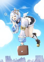 Rule 34 | 1girl, absurdres, amane kanata, angel wings, bad id, bad pixiv id, bare legs, black dress, black footwear, blue bow, blue hair, blue sky, blush, bob cut, boots, bow, briefcase, cloud, cloudy sky, colored inner hair, commentary, dress, flying, full body, hair between eyes, half-closed eye, halo, highres, holding, holding briefcase, hololive, jacket, light rays, lunch boxer, multicolored hair, one eye closed, open mouth, plaid, plaid legwear, short dress, short hair, silver hair, single hair intake, sky, sleepy, socks, solo, star halo, streaked hair, sunlight, thighs, turtleneck, turtleneck dress, two-tone hair, virtual youtuber, white jacket, white sleeves, white socks, wings, yawning