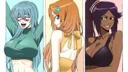 3girls bleach breasts cleavage closed_eyes collarbone green_hair highres inoue_orihime large_breasts long_hair midriff multiple_girls n_(nauki_11) navel nelliel_tu_odelschwanck open_mouth orange_hair ponytail purple_hair shihouin_yoruichi smile