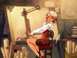 Rule 34 | 1girl, :d, adjusting hair, ascot, blonde hair, blue eyes, blush, book, chair, drawing, easel, from behind, game cg, glasses, legs, littlewitch, long legs, looking back, mariella grandback, miniskirt, office lady, ooyari ashito, open mouth, pencil skirt, quill, ruler, scroll, shoes, short hair, shoujo mahou gaku littlewitch romanesque, sitting, skirt, smile, solo, thighs