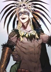 Rule 34 | 3boys, abs, aged down, arm guards, arm tattoo, aztec, back-to-back, bakushi (kaeritai0609), black lips, blonde hair, blue eyes, braid, child, coat, daybit sem void, dual persona, fangs, fate/grand order, fate (series), feather hair ornament, feathers, green shirt, hair ornament, headdress, highres, jewelry, long hair, looking at viewer, male focus, mature male, multiple boys, necklace, purple eyes, shirt, short hair, skull, skull hair ornament, smile, tattoo, tezcatlipoca (fate), tezcatlipoca (third ascension) (fate), traditional clothes, trench coat, twin braids, upper body