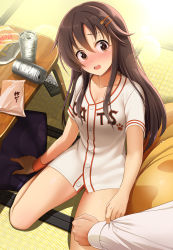 Rule 34 | alcohol, baseball jersey, beer, beer can, bottomless, breasts, brown eyes, brown hair, can, chips (food), cleavage, controller, drink can, food, hair flaps, hair ornament, hairclip, highres, himekawa yuki, idolmaster, idolmaster cinderella girls, jersey, kneeling, long hair, medium breasts, mk (mod0), no panties, open mouth, pillow, remote control, shirt, sidelocks, solo, t-shirt, thighs, wristband