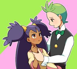 Rule 34 | 1boy, 1girl, bad id, bad pixiv id, blush, bow, bowtie, brown eyes, cilan (pokemon), creatures (company), dark-skinned female, dark skin, game freak, green eyes, green hair, gym leader, holding another&#039;s wrist, iris (pokemon), long hair, looking at another, lowres, moyori, nintendo, pokemon, pokemon (anime), pokemon bw, pokemon bw (anime), purple hair, traditional bowtie, very long hair