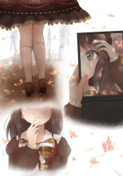Rule 34 | 1girl, absurdres, adjusting hair, autumn leaves, blush, bow, brown bow, brown dress, brown eyes, brown footwear, brown hair, brown hat, brown neckwear, closed mouth, dress, falling leaves, finger to mouth, from behind, hand mirror, hand on own chin, hand up, hat, highres, holding, holding mirror, idolmaster, idolmaster cinderella girls, kneehighs, leaf, long hair, long sleeves, lower body, mirror, motion lines, multiple views, plaid, plaid bow, plaid neckwear, puffy long sleeves, puffy sleeves, reflection, sakurano rocco, shoes, silhouette, socks, standing, sweat, tachibana arisu, tareme, upper body, wavy mouth, white socks, wooden floor