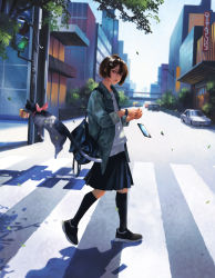 Rule 34 | 1girl, arms up, backpack, bag, balcony, black eyes, black footwear, black socks, blouse, blue jacket, bob cut, bow, box, brown eyes, brown hair, building, butterfly hair ornament, car, cat, cellphone, city, collared jacket, commentary, crosswalk, dappled sunlight, day, denim, denim jacket, dropping, english commentary, falling leaves, from side, full body, g-tz, gift, gift box, hair between eyes, hair ornament, hairclip, highres, jacket, kneehighs, lamppost, leaf, lips, long sleeves, looking at viewer, looking to the side, motor vehicle, neko no ongaeshi, nose, open clothes, open jacket, original, outdoors, own hands together, parted lips, pedestrian lights, phone, pink bow, pleated skirt, red bow, shadow, shirt, short hair, skirt, sleeves rolled up, smartphone, socks, solo, standing, standing on one leg, sunlight, swept bangs, tree, walking, watch, white shirt, wristwatch