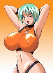 Rule 34 | 00s, 1girl, armpits, artist request, breasts, covered erect nipples, divergence eve, female focus, gradient background, green hair, highres, huge breasts, kiri marialate, solo, tagme