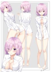 Rule 34 | 1girl, :o, arm behind back, artist name, ass, bare legs, barefoot, bottomless, breast hold, breasts, cleavage, collarbone, covering privates, covering ass, eyes visible through hair, fate/grand order, fate (series), full body, grey background, hair over one eye, highres, long sleeves, looking at viewer, looking back, mash kyrielight, medium breasts, multiple views, naked shirt, navel, no bra, no panties, no pants, open clothes, open shirt, parted lips, pigeon-toed, pink hair, profile, purple eyes, raised eyebrows, rong yi tan, see-through, shirt, short hair, simple background, sleeves past wrists, stomach, sweat, upper body, wet, wet clothes, wet shirt, white shirt