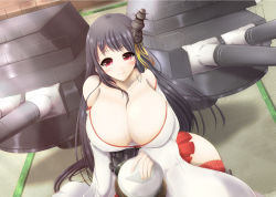 Rule 34 | 10s, 1girl, bare shoulders, black hair, breasts, cannon, cleavage, fusou (kancolle), gigantic breasts, kantai collection, kurokaze no sora, long hair, looking at viewer, red eyes, smile, solo
