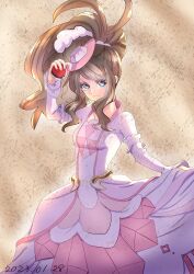 Rule 34 | 1girl, absurdres, antenna hair, bad id, bad twitter id, brown hair, closed mouth, commentary request, creatures (company), dated, dress, frown, game freak, harota 615, hat, high ponytail, highres, hilda (pokemon), hilda (special costume) (pokemon), holding, holding poke ball, long hair, looking at viewer, mini hat, nintendo, official alternate costume, pink dress, pink hat, poke ball, poke ball (basic), pokemon, pokemon masters ex, sidelocks, solo